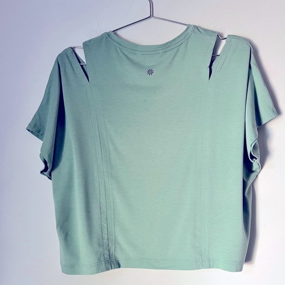Athleta Intention Tee Split Shoulder Active Stretch Top Sage Green XS Sum 22' - Picture 7 of 10